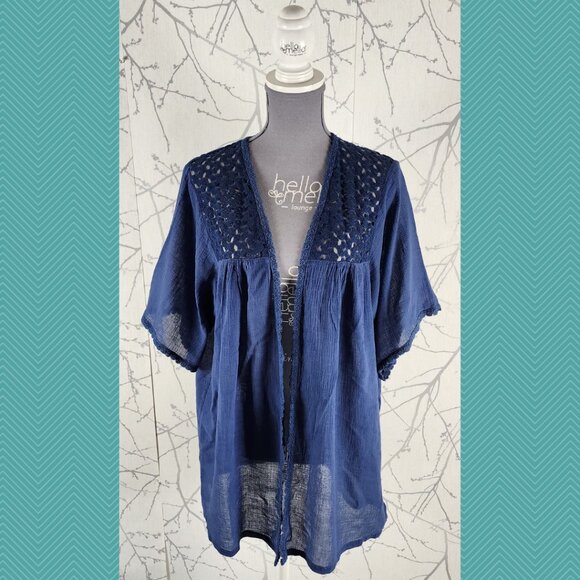 Kori America Blue Cotton Blend Lace Panel Kimono Style Cardigan - Picture 1 of 5
